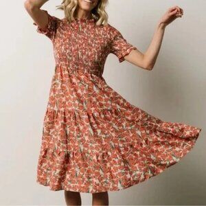 Baltic Born Suzette Coral Floral Smocked Tiered Midi Dress Womens Size Small